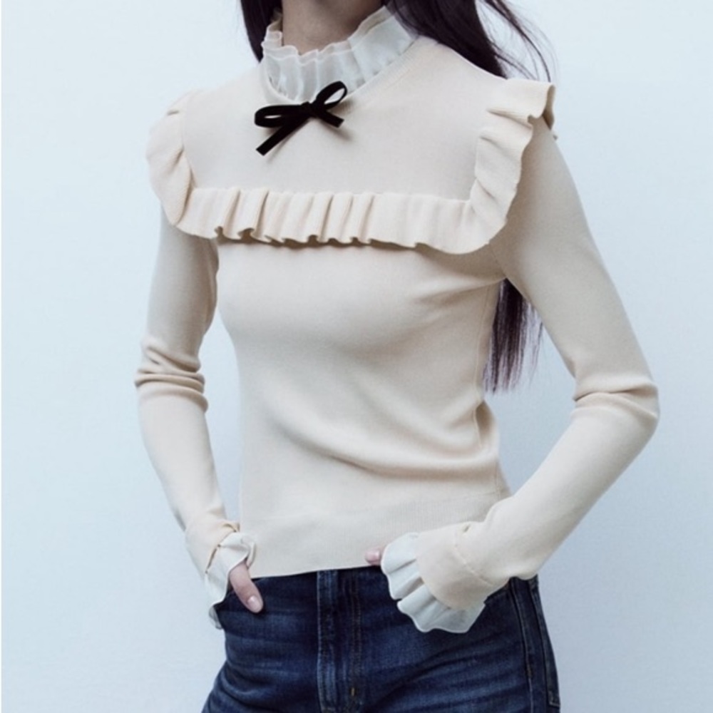 Zara Combination Ruffle Bow Tie Sweater Top Size XS